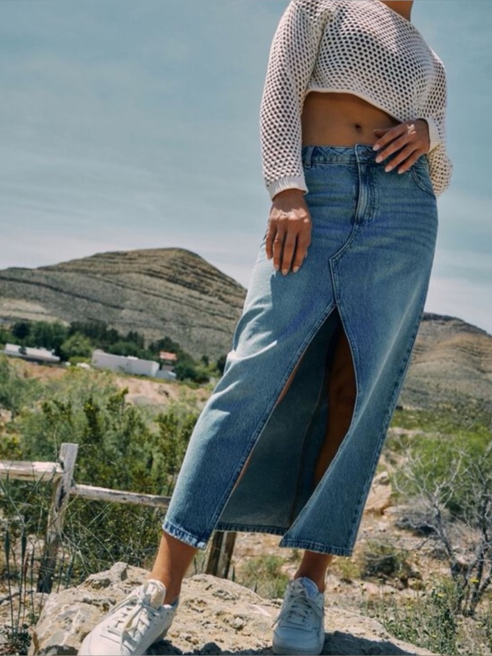 Garage High Rise Denim Maxi Skirt Blue Front Slit Size S